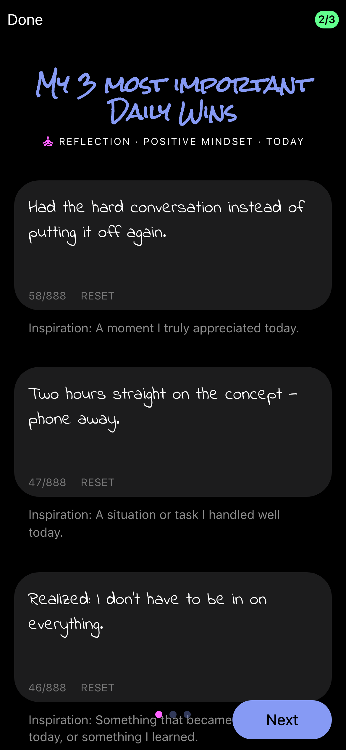 The 3 daily wins of the day in the app, handwritten