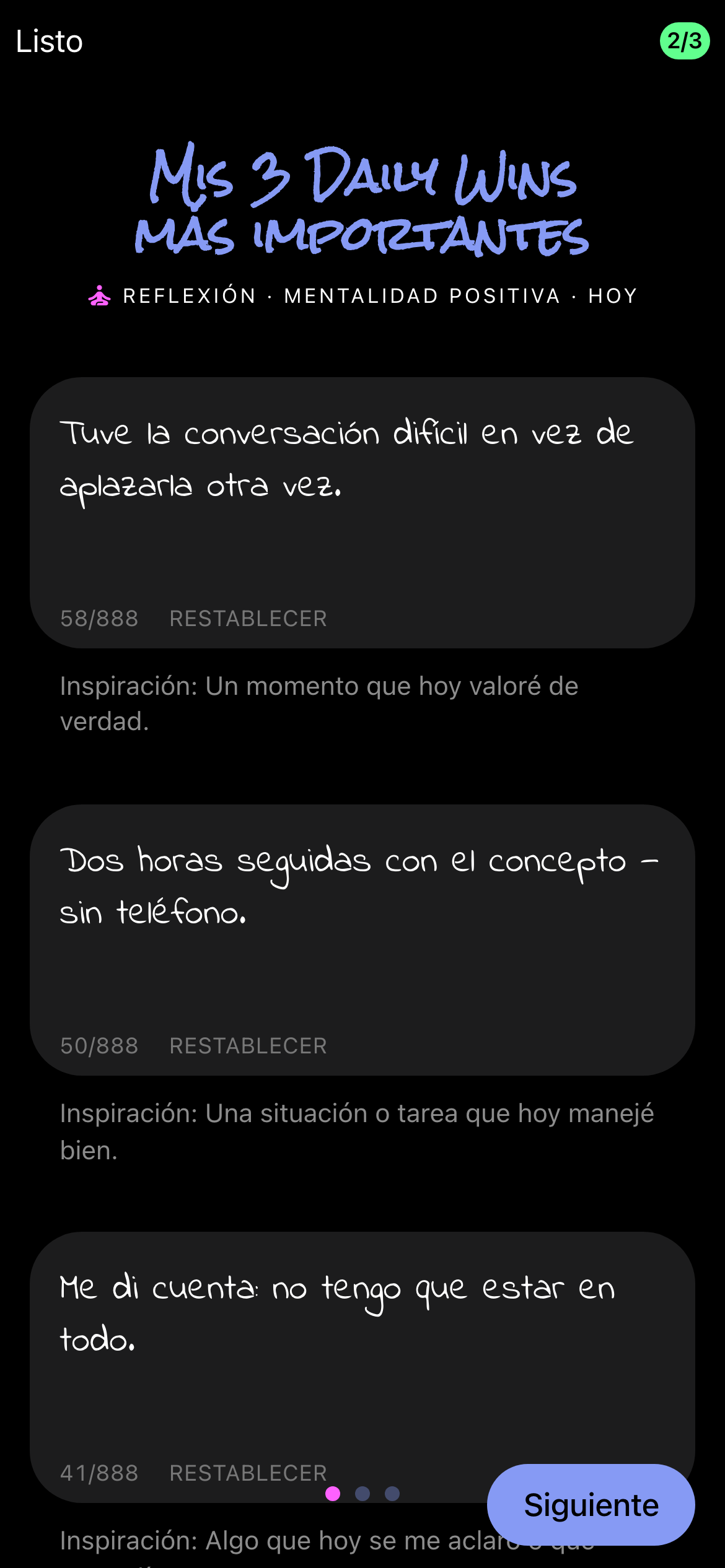 Los 3 Daily Wins del día en la app, escritos a mano