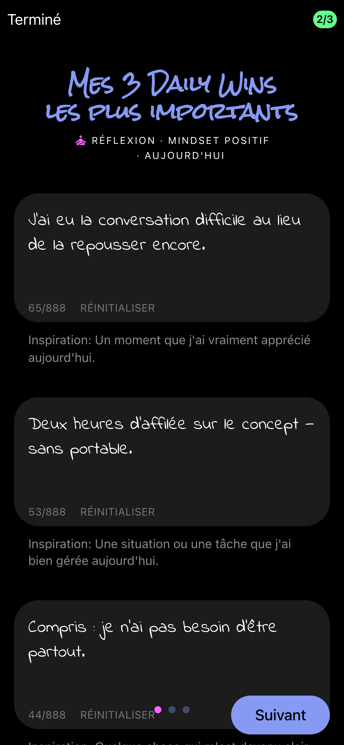 Les 3 Daily Wins du jour dans l'app, écrits à la main