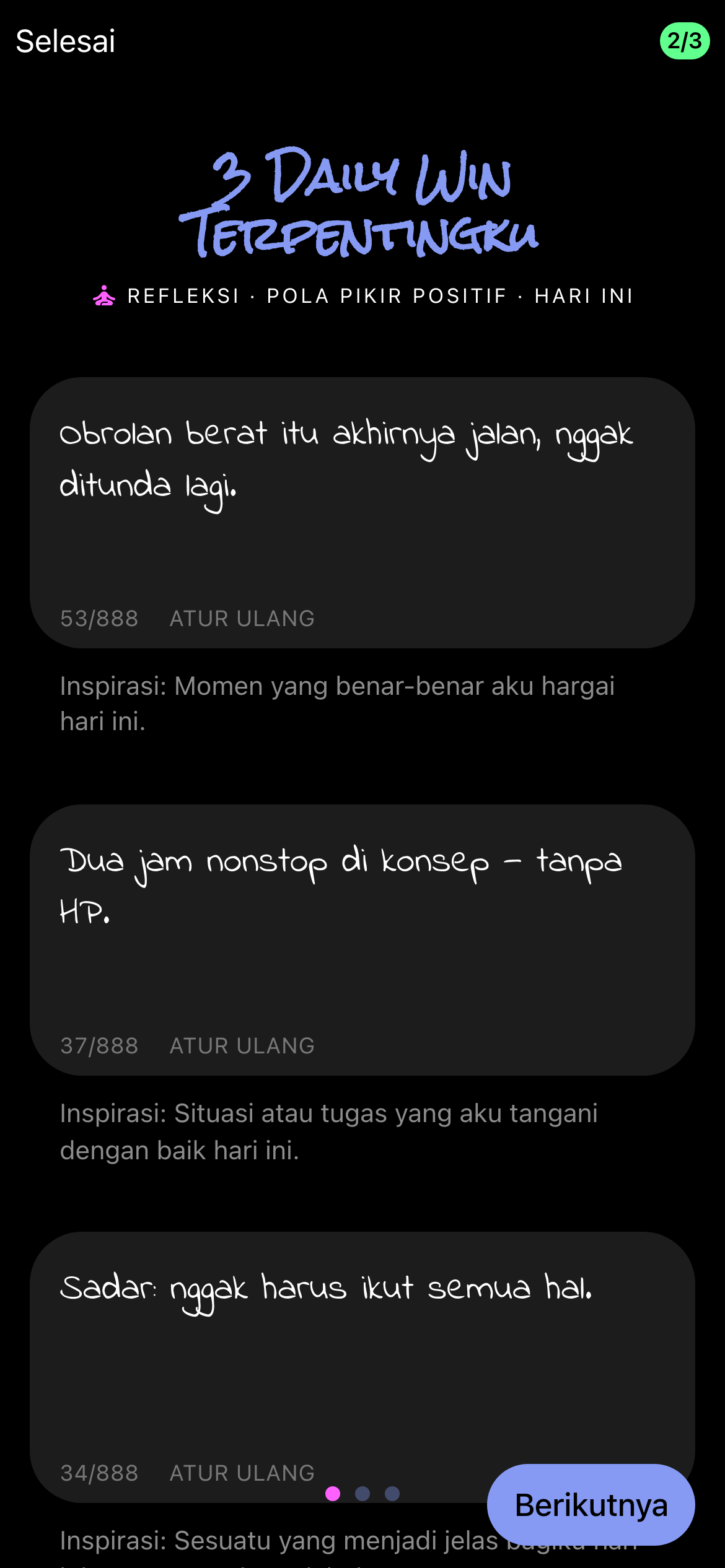 3 Daily Wins hari itu di aplikasi, ditulis tangan