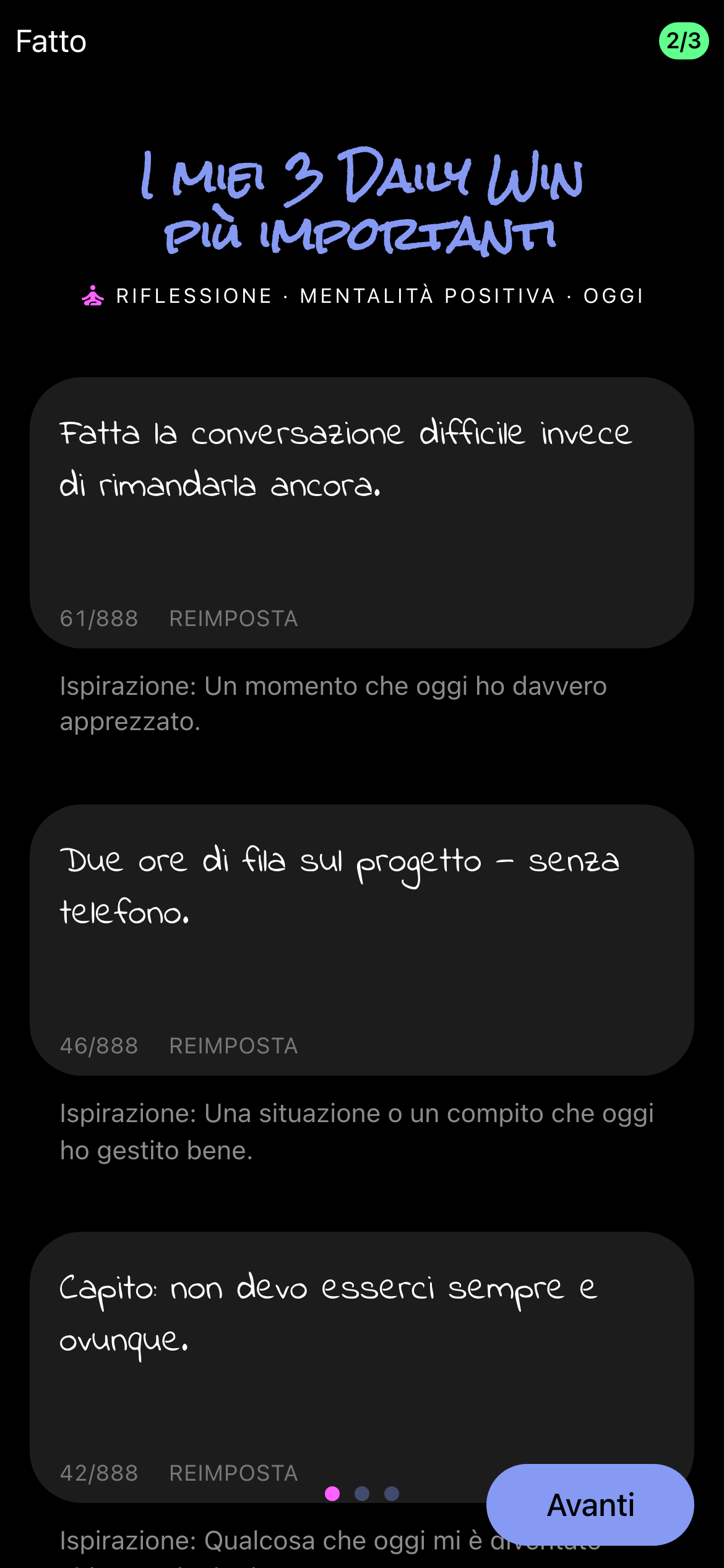I 3 Daily Wins della giornata nell'app, scritti a mano