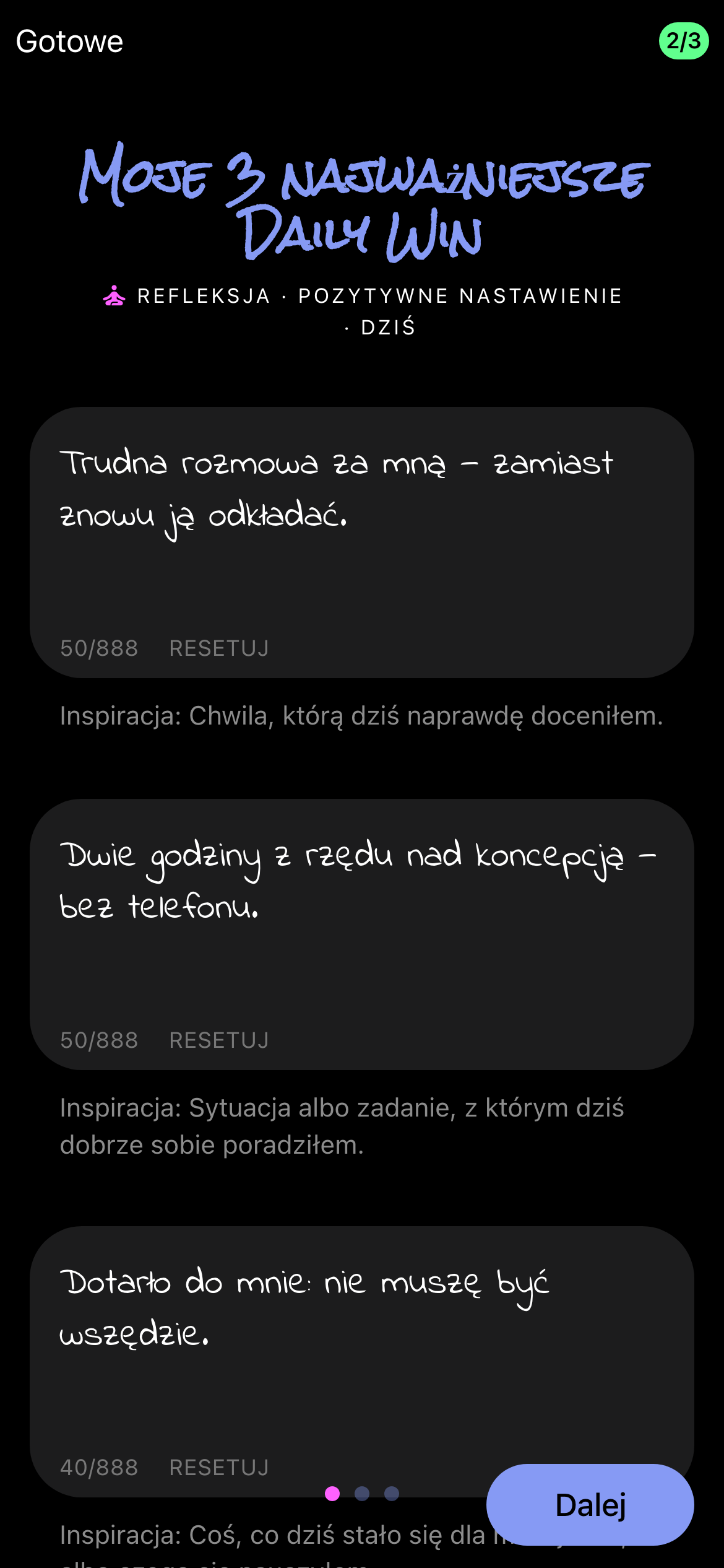3 Daily Wins dnia w aplikacji, zapisane odręcznie