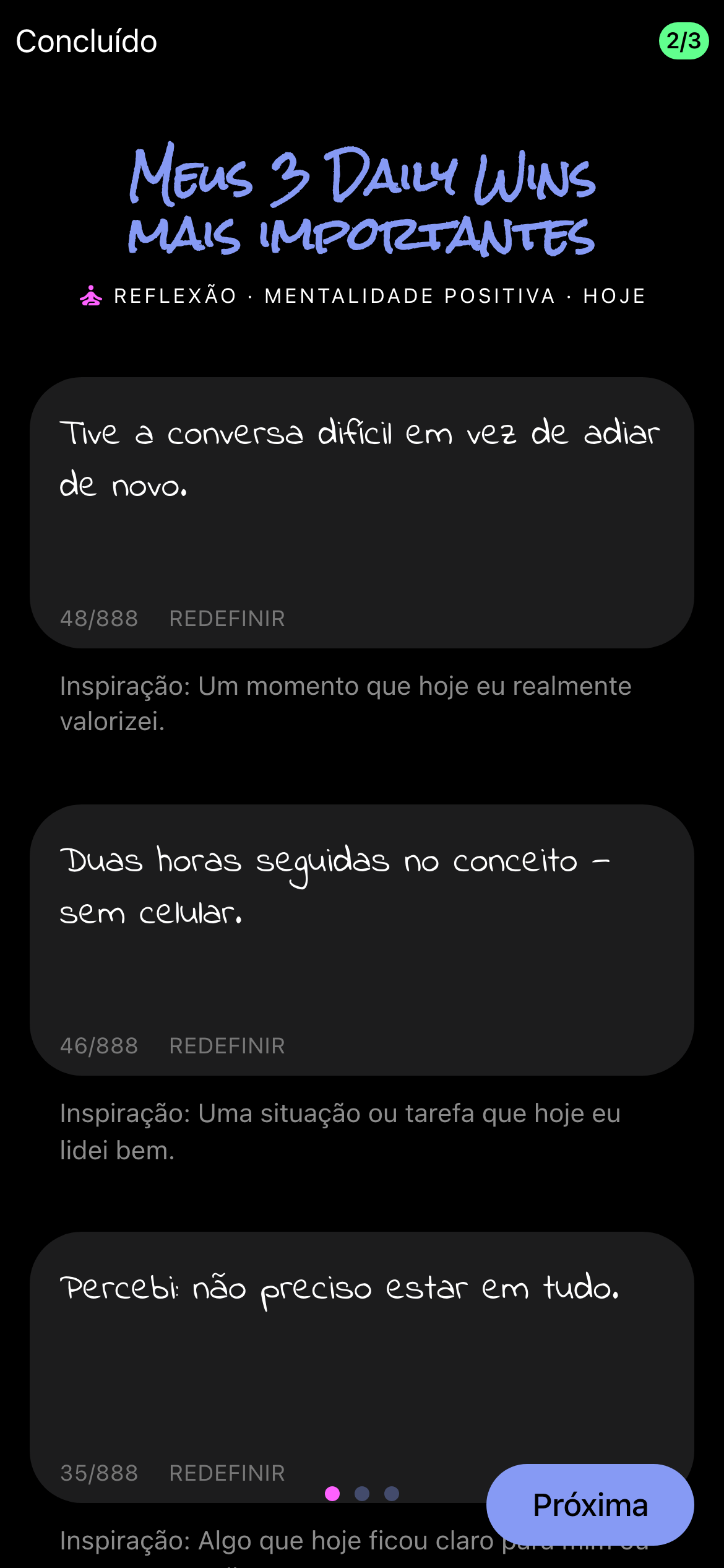 Os 3 Daily Wins do dia no aplicativo, escritos à mão