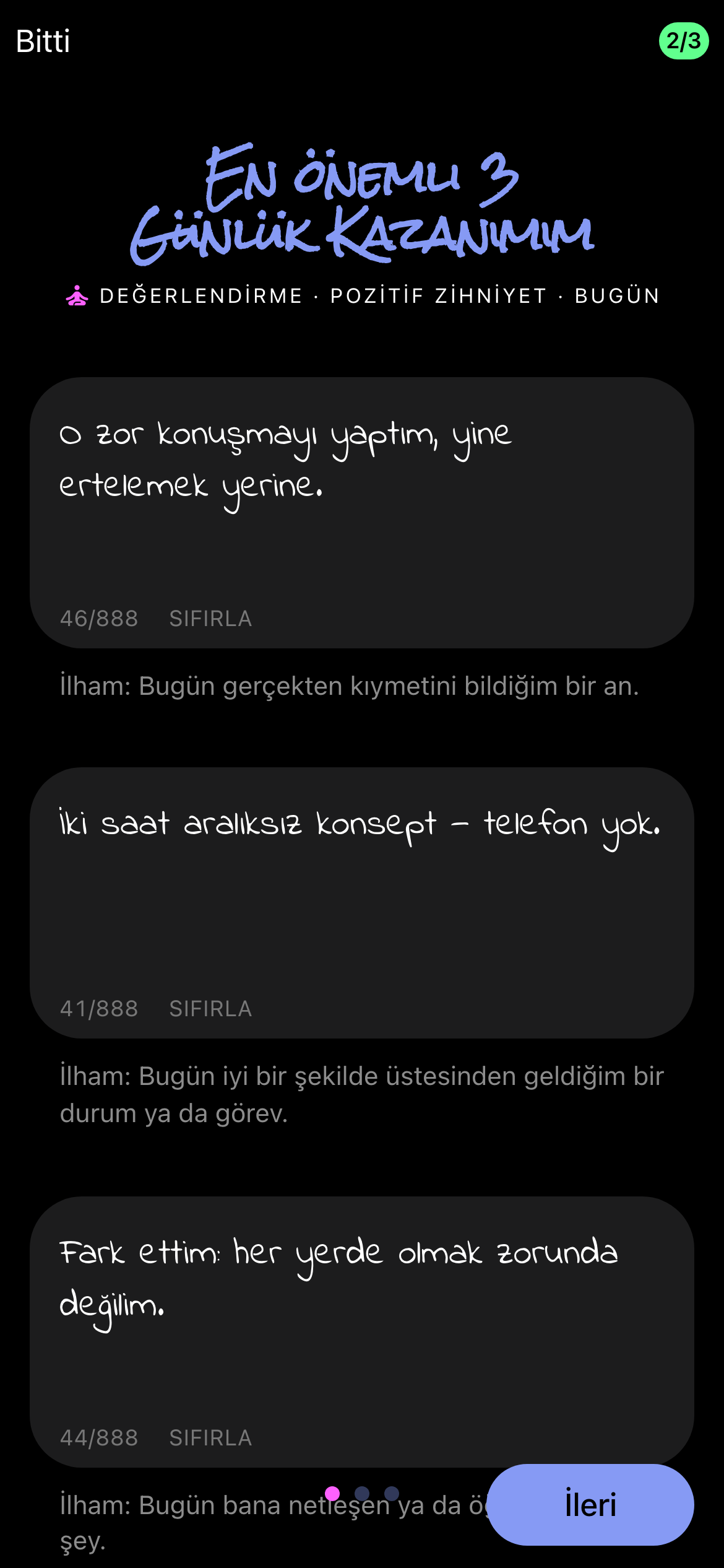 Uygulamada günün 3 Günlük Kazanımı, elle yazılmış
