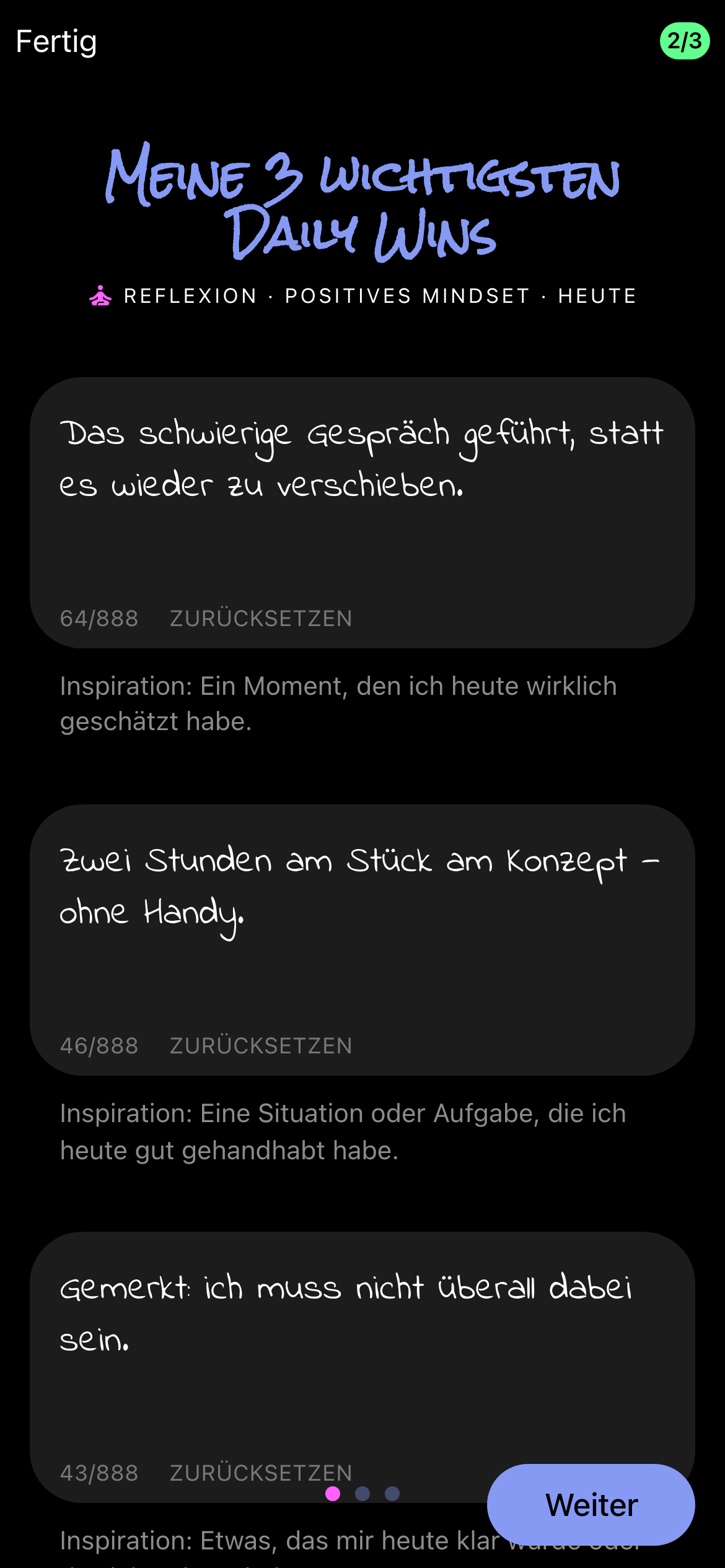 Die 3 Daily Wins des Tages in der App, von Hand geschrieben