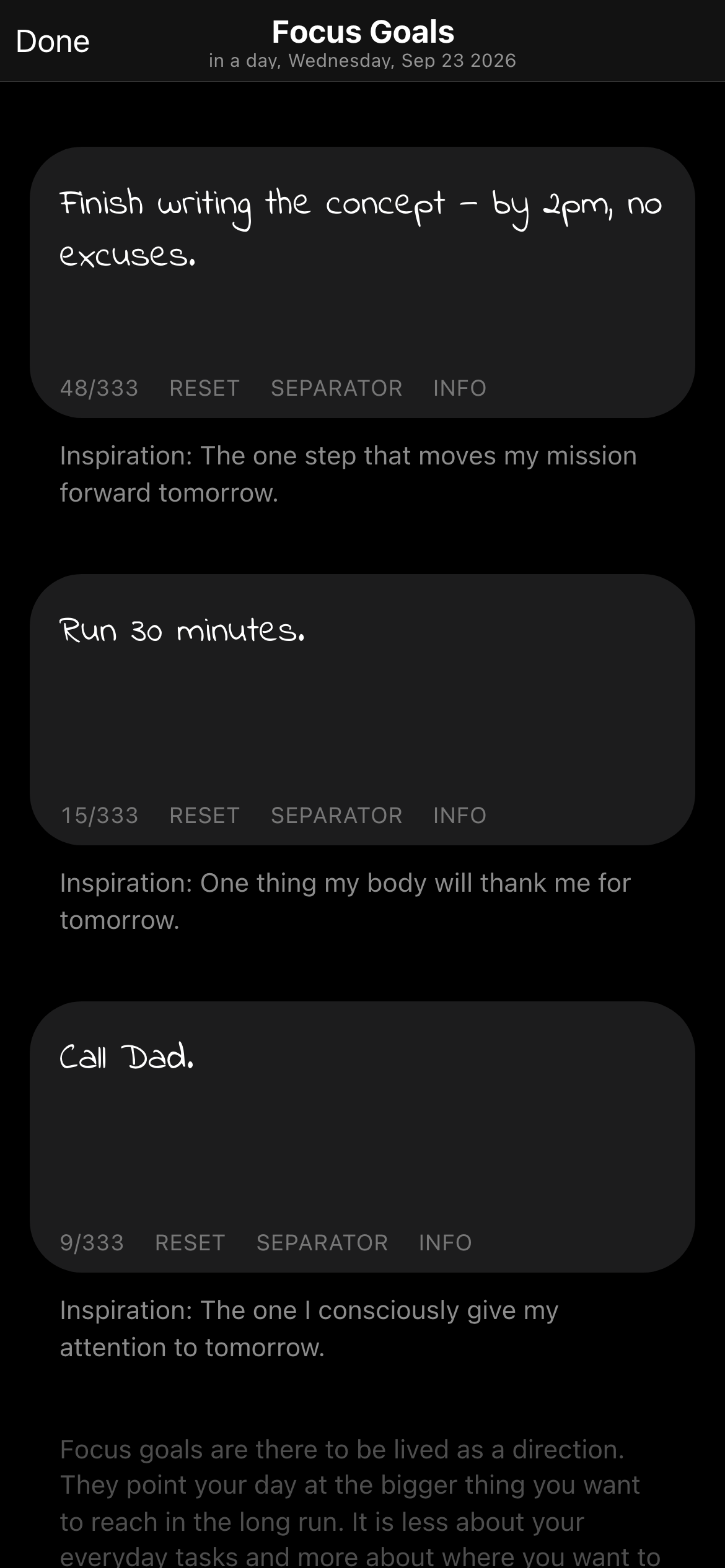 The day's 3 focus goals in the app, one of them checked off