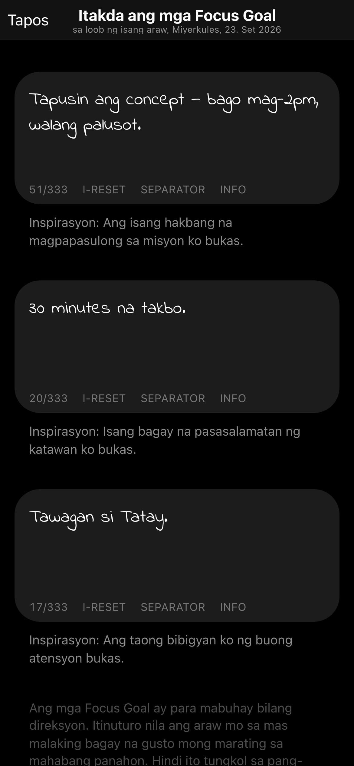 Ang 3 focus goal ng araw sa app, isa na ang nacheck