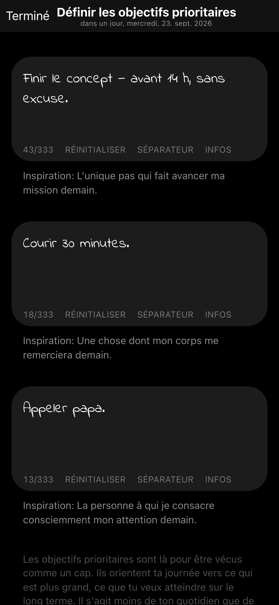 Les 3 objectifs de focus du jour dans l'app, l'un d'eux coché