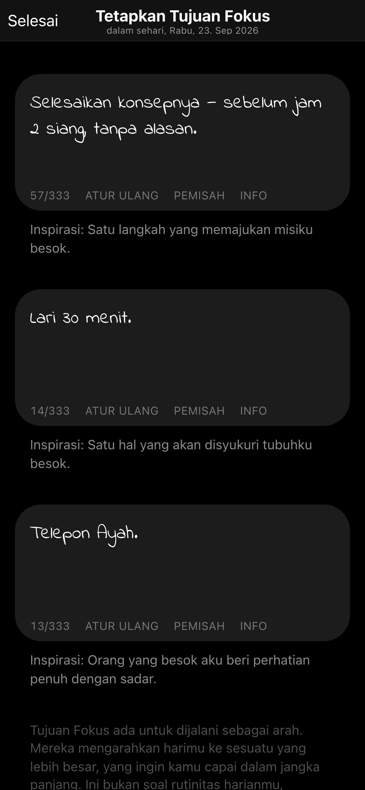 3 tujuan fokus hari itu di aplikasi, salah satunya sudah dicentang