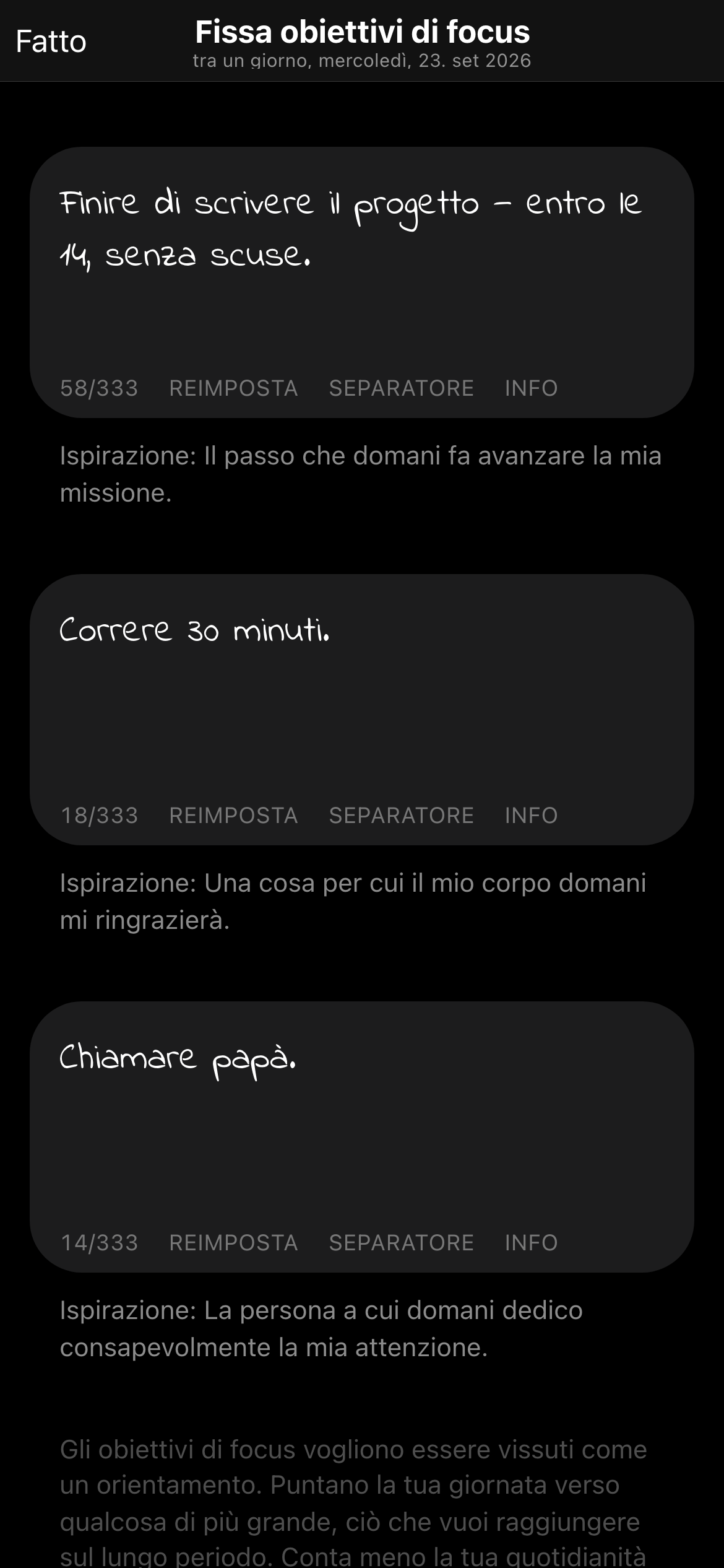 I 3 obiettivi di focus della giornata nell'app, uno dei quali già spuntato