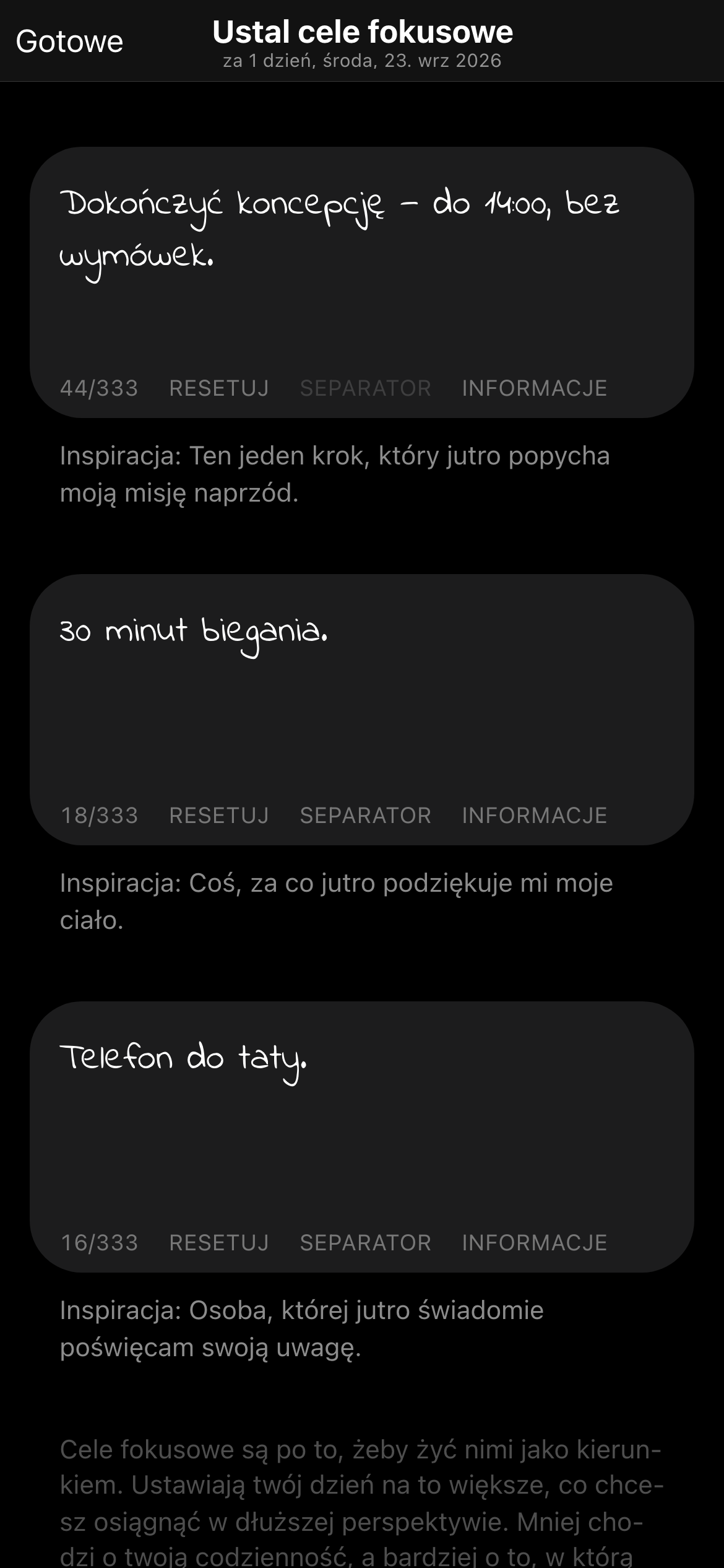 3 cele fokusowe dnia w aplikacji, jeden z nich odhaczony