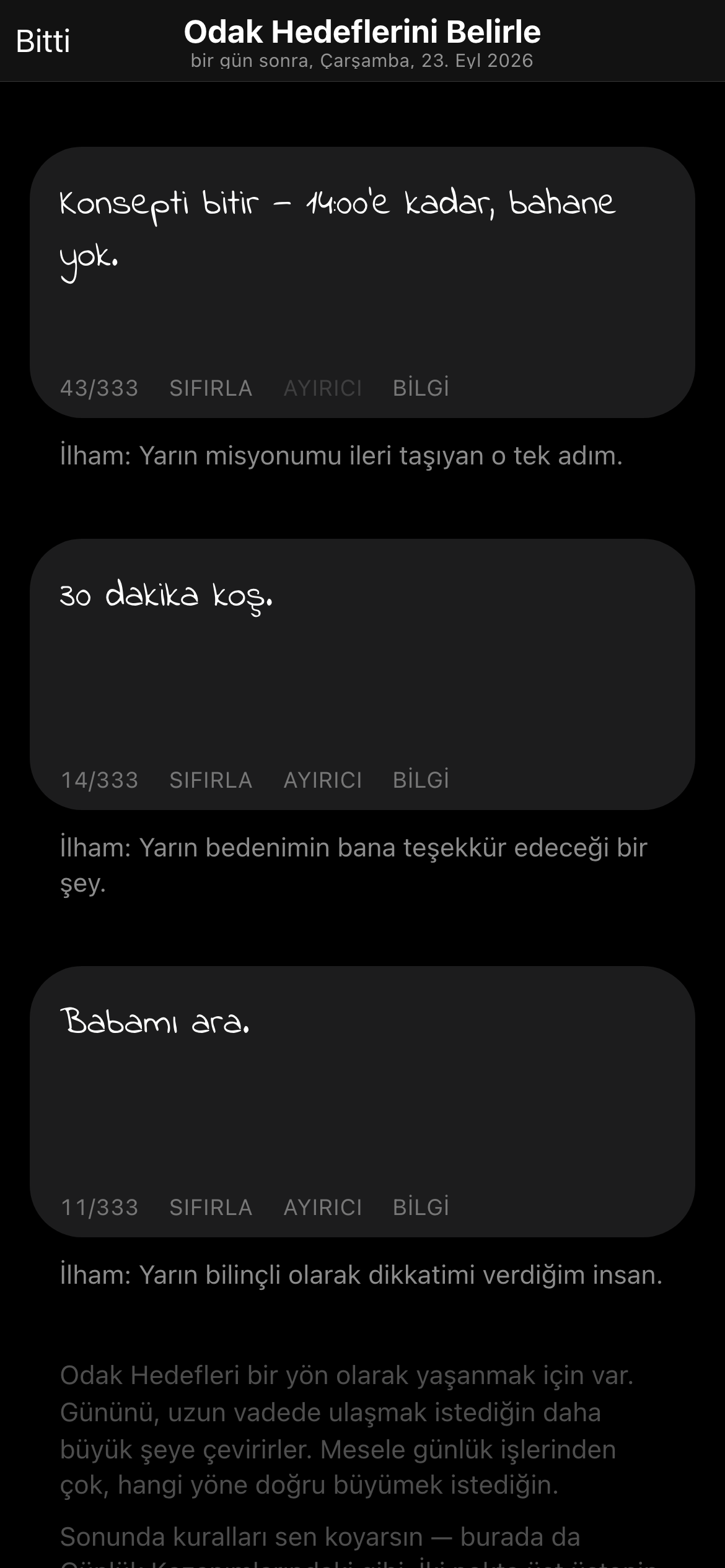 Uygulamada günün 3 odak hedefi, biri işaretlenmiş