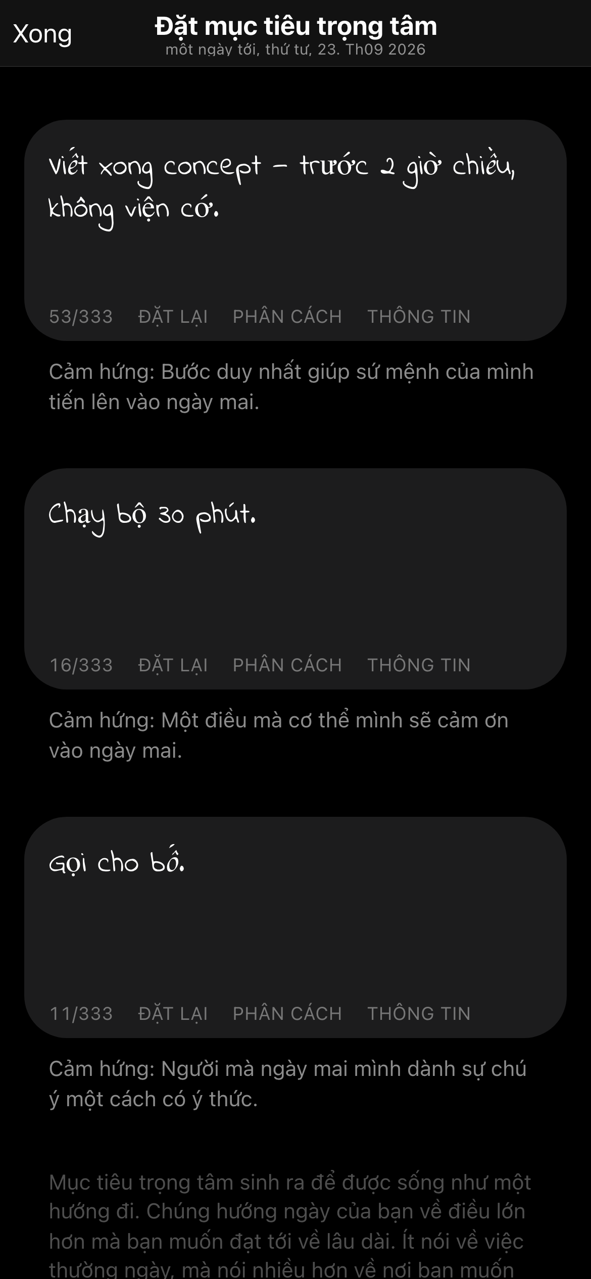 3 mục tiêu trọng tâm trong ngày trên ứng dụng, một trong số đó đã được đánh dấu hoàn thành