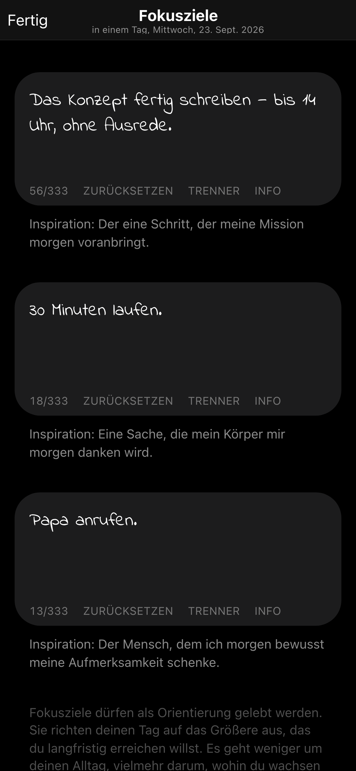 Die 3 Fokusziele des Tages in der App, eines davon abgehakt